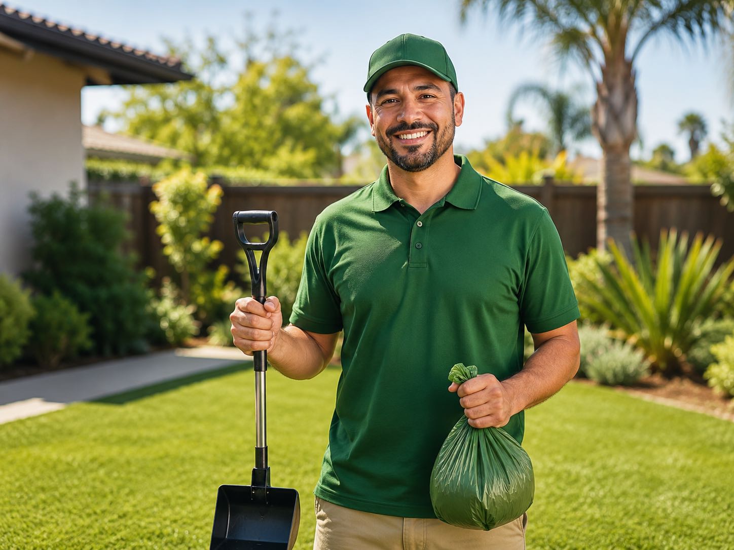 Doggy Doo Bros service technician in a residential backyard holding a scooper and waste bag