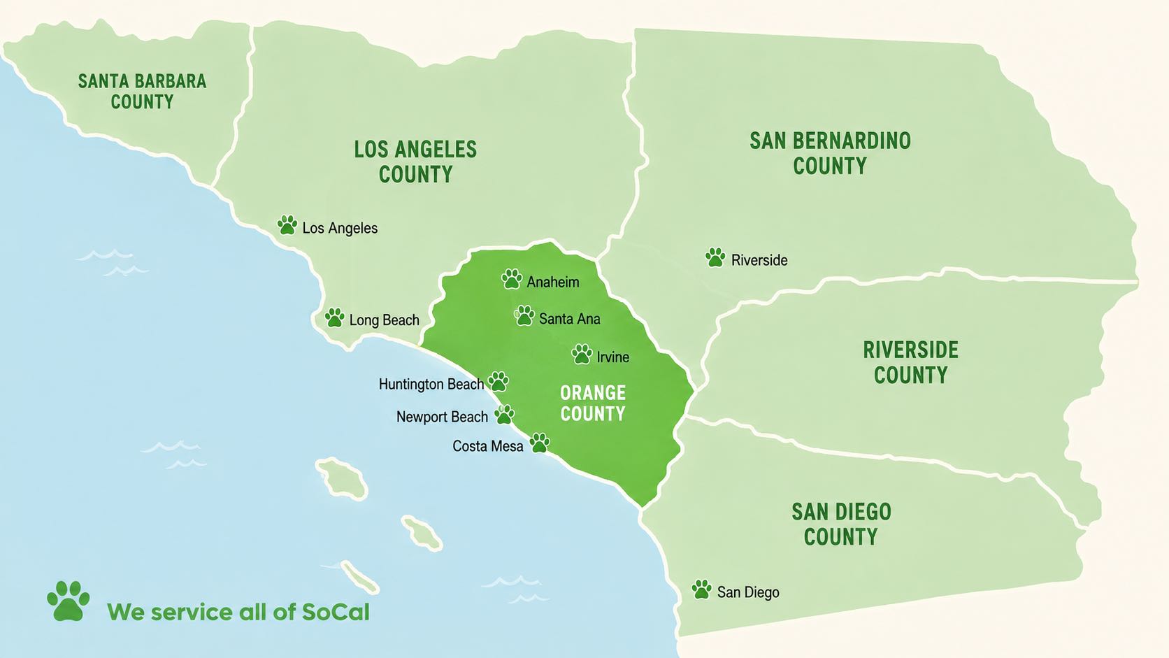 Map of Doggy Doo Bros service coverage across Southern California