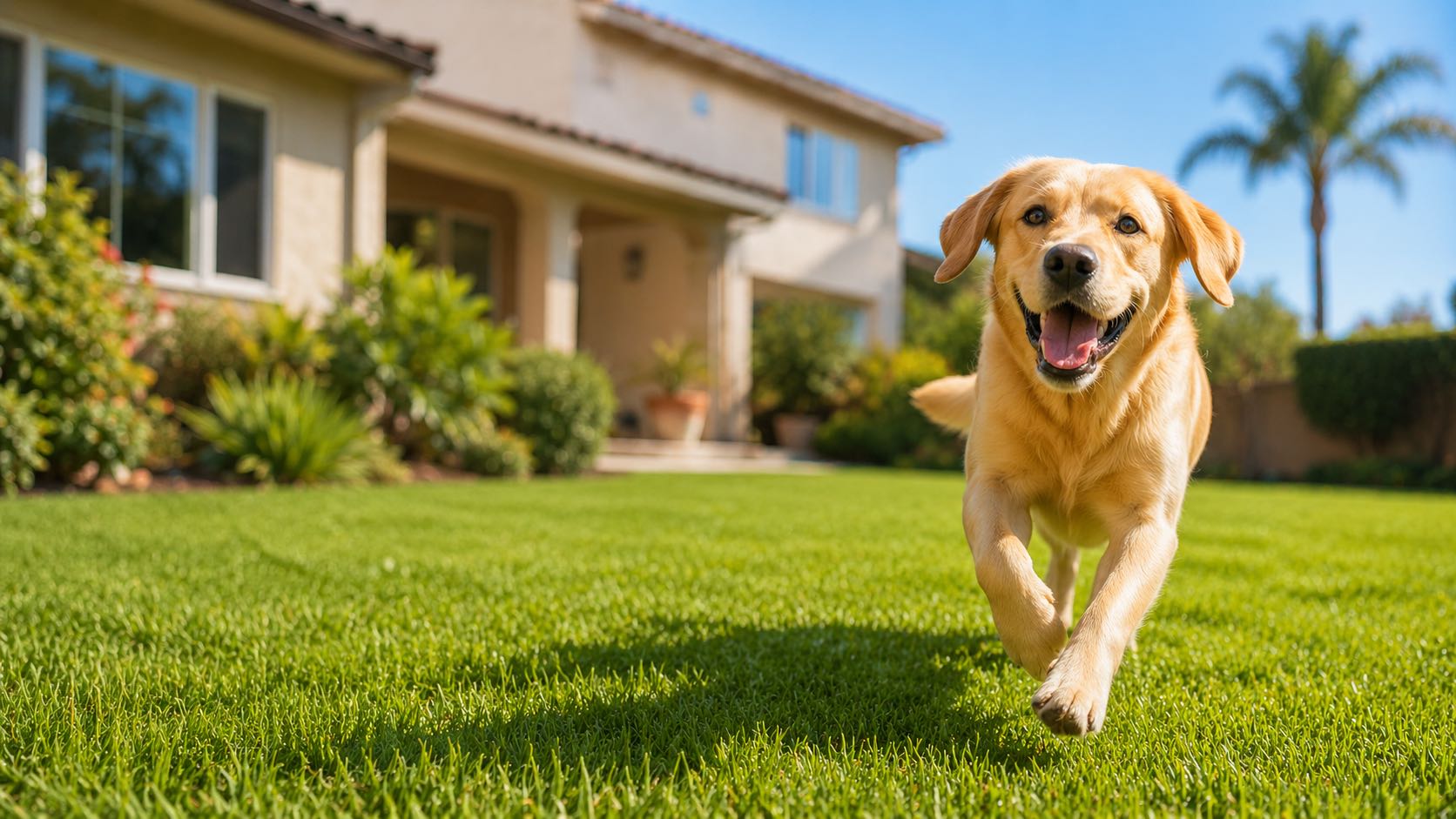 Happy golden retriever running on a freshly cleaned green lawn in a sunny Southern California backyard