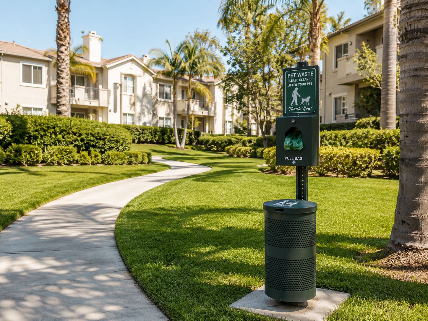 HOA common area with manicured lawn and pet waste station