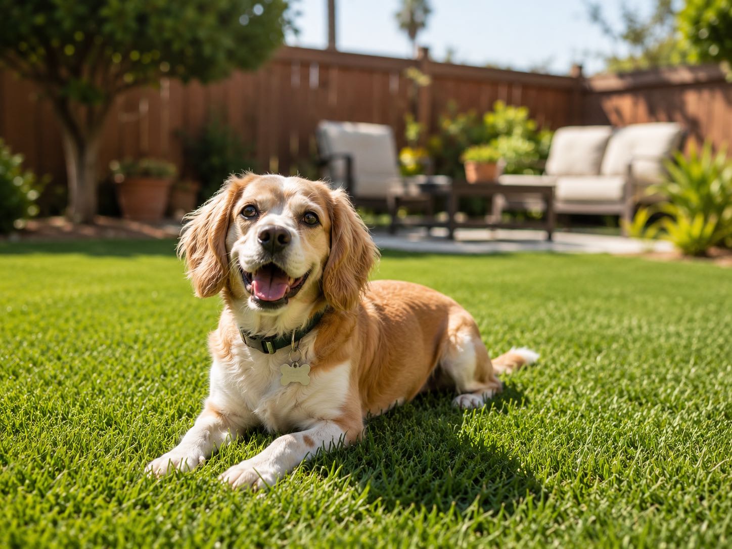 Small dog resting on a freshly cleaned green lawn
