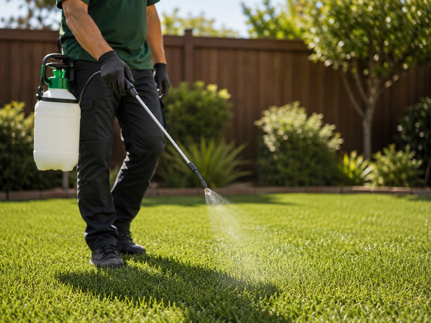 Service technician applying yard sanitizing treatment to a lawn