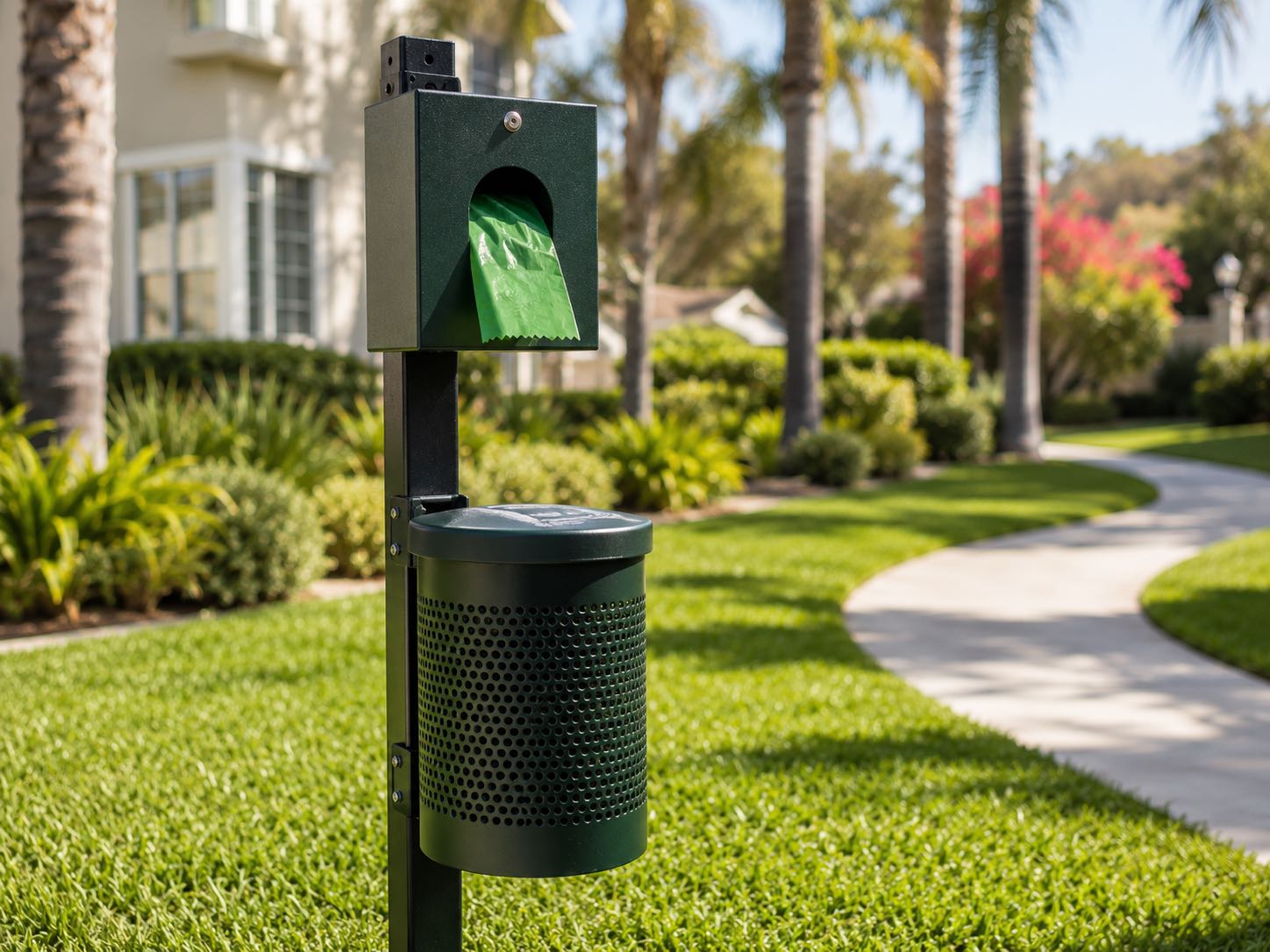 Professional pet waste station with bag dispenser in a residential community